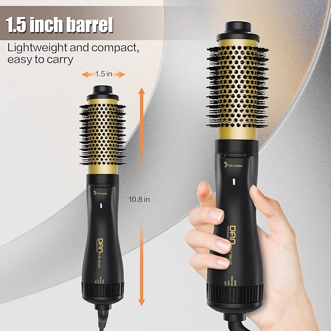 Dan Technology Blow Dryer Brush 1.5 Inch Round Blowout Brush 4-in-1 Hot Air Hair Dryer Brush & Styler, Comb, Straightener & Curler with Titanium & Ionic (Black-Gold)