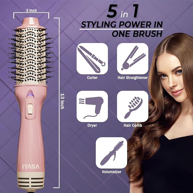 3” Large Barrel Ionic Hot Air Brush Hair Dryer – 75 mm One‑Step Volumizer Blowout Brush for Thick & Long Hair, 1100 W Plastic‑Tourmaline, Frizz Control, 3 Heat / 2 Speed, 13” Length