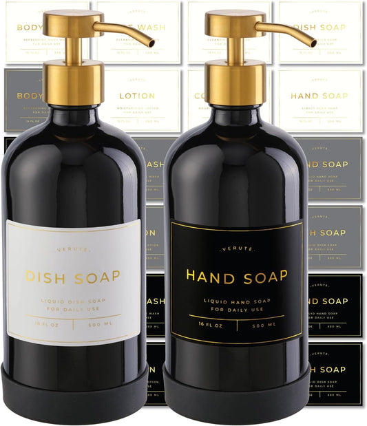 16oz Glass Soap Dispenser with Stainless Steel Pump, 21 Waterproof Labels, Non-Slip Protective Silicone Pad, Set of 2 for Bathroom & Kitchen (Gloss Black Bottle/Brushed Gold Pump)