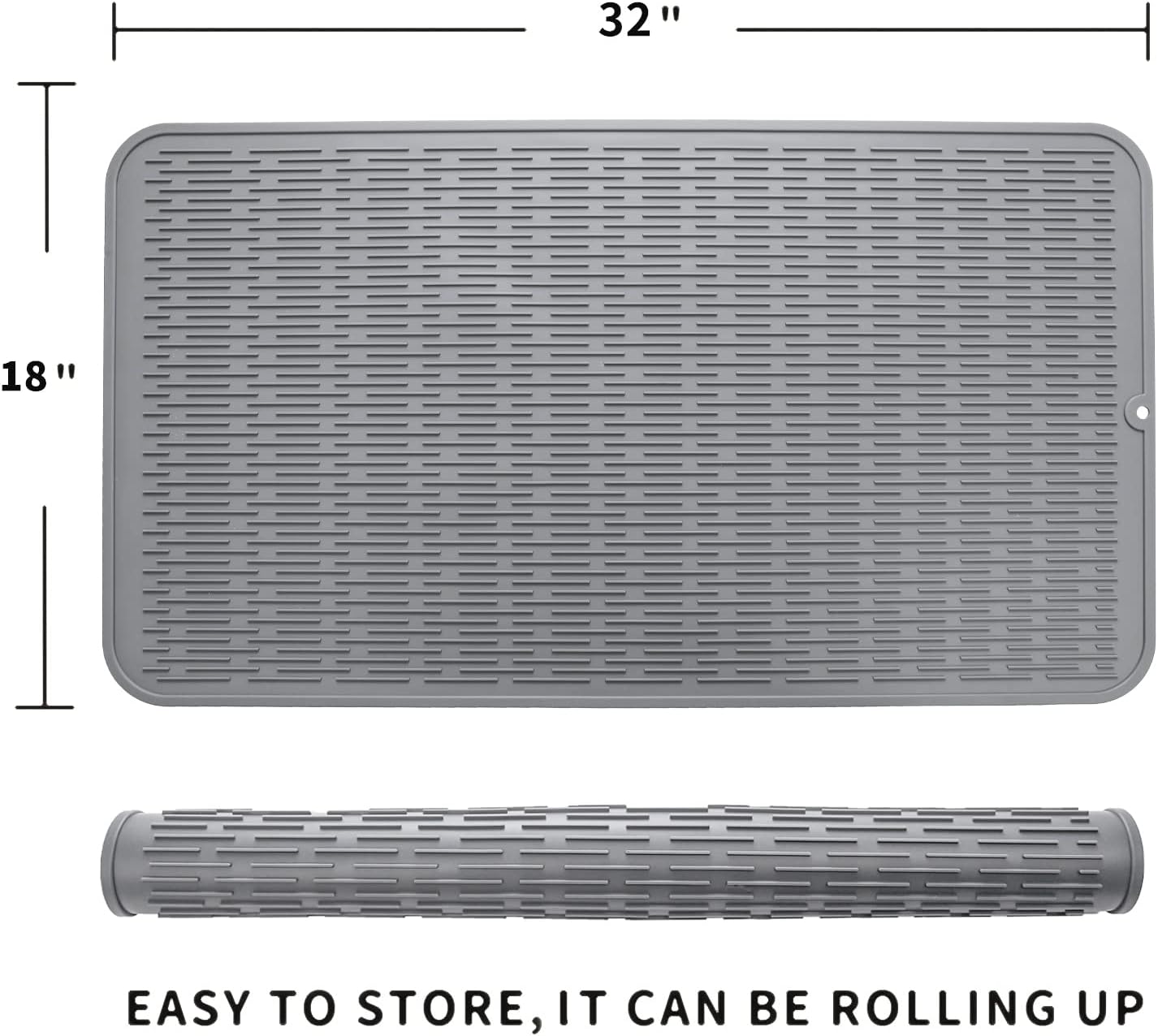 Silicone Dish Drying Mat for Multiple Usage,Easy clean,Eco-friendly,Heat-resistant Silicone Mat for Kitchen Counter or Sink,Refrigerator or Drawer Liner Grey 4XL 32 inches x 18 inches