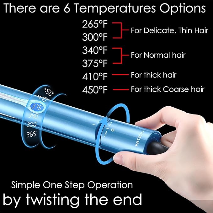 NITION Nano Titanium Hair Straightener 1" Heating Plate Smooth Straightening Flat Iron for Hair. LCD 265-450°F Adjustable for All Hair Type. Travel Pouch Bag Included. MCH Fast Heating Up. Blue