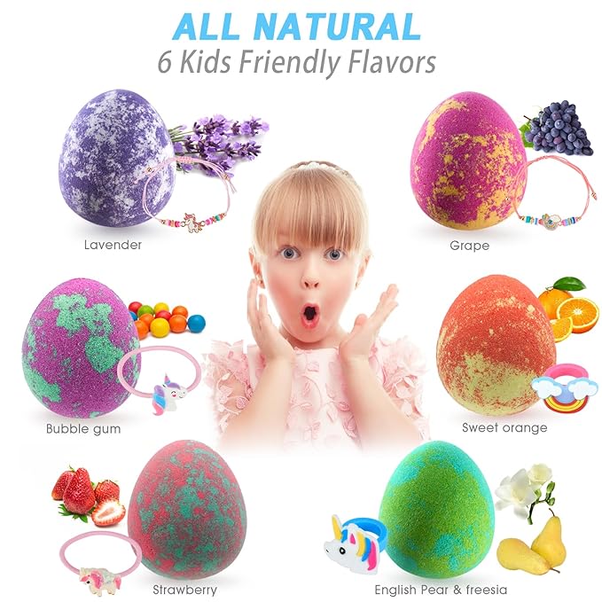 Bath Bombs for Kids with Surprise Inside- Dino Egg Bath Bombs for Girls, 6 Pcs Bubble Bath Bomb, Dinosaur Bathbombs Gift Set, Unicorn Jewelry for Girls, Birthday Gifts