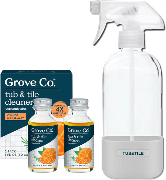 Grove Co. Tub and Tile Cleaner Refill Concentrate (2 x 1 Fl Oz) + 1 x Reusable Glass Spray Bottle (16 Oz) Plant-Based Cleaning Supplies Bundle, No Plastic Waste, 100% Natural Orange & Rosemary Scent