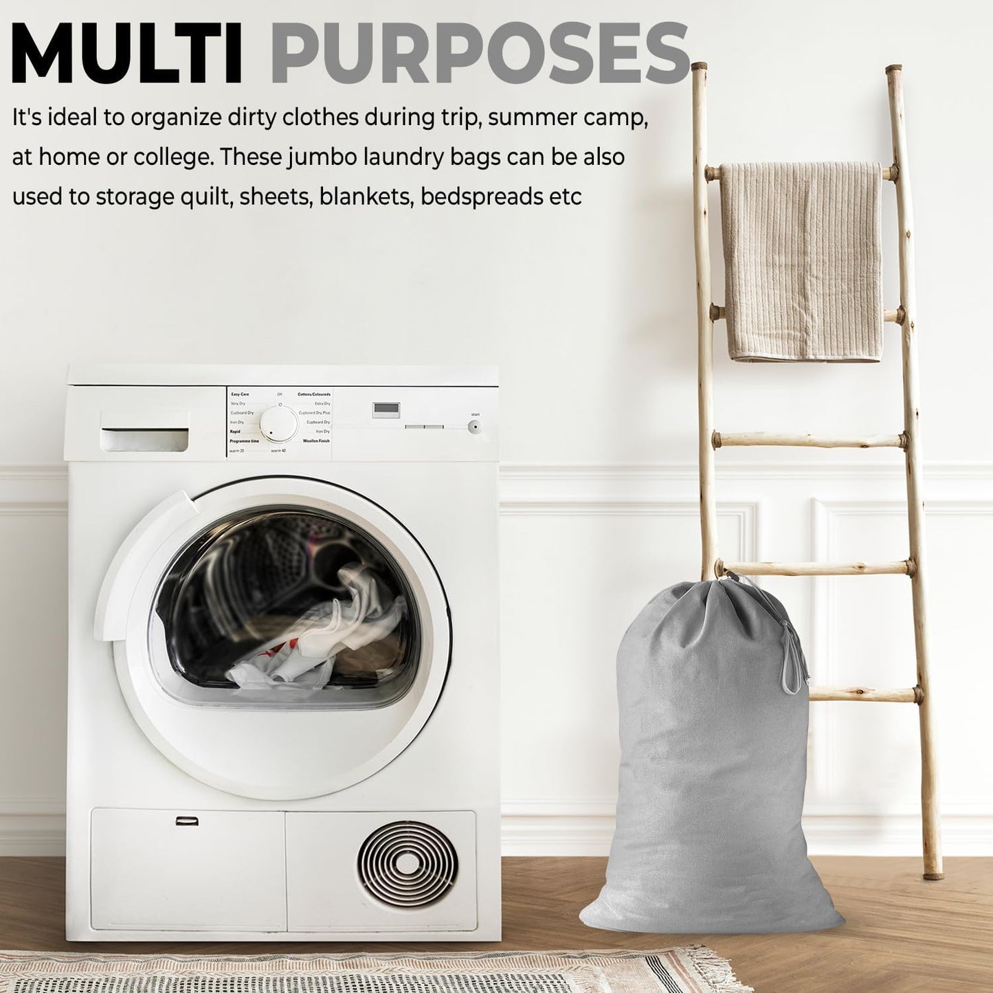 2 Pack - Extra Large Cotton Laundry Bag, Heavy Duty Large Laundry Bags 24 x 36 inch XL Drawstring Travel Organizer Bag Fit Hamper Basket Camp (Light Gret, Pack of 2)