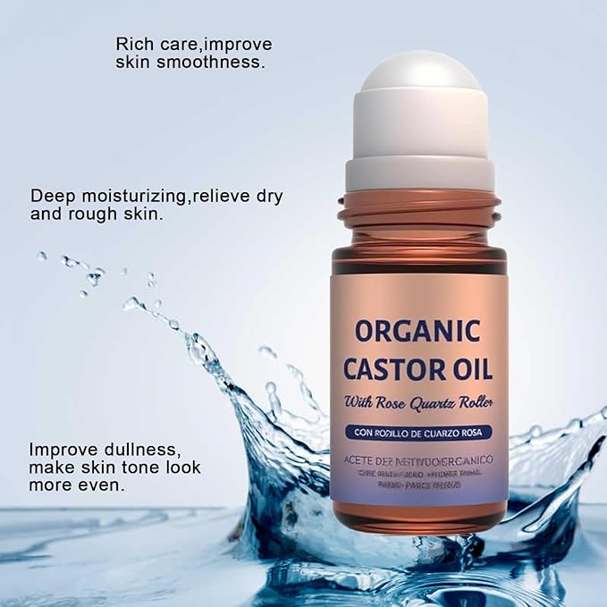 Organic Castor Oil with Rose Quartz Roller, Cold-Pressed Pure Organic Castor Oil Roller Ball for Hair Growth, Eyelashes, Eyebrows & Skin 1pcs
