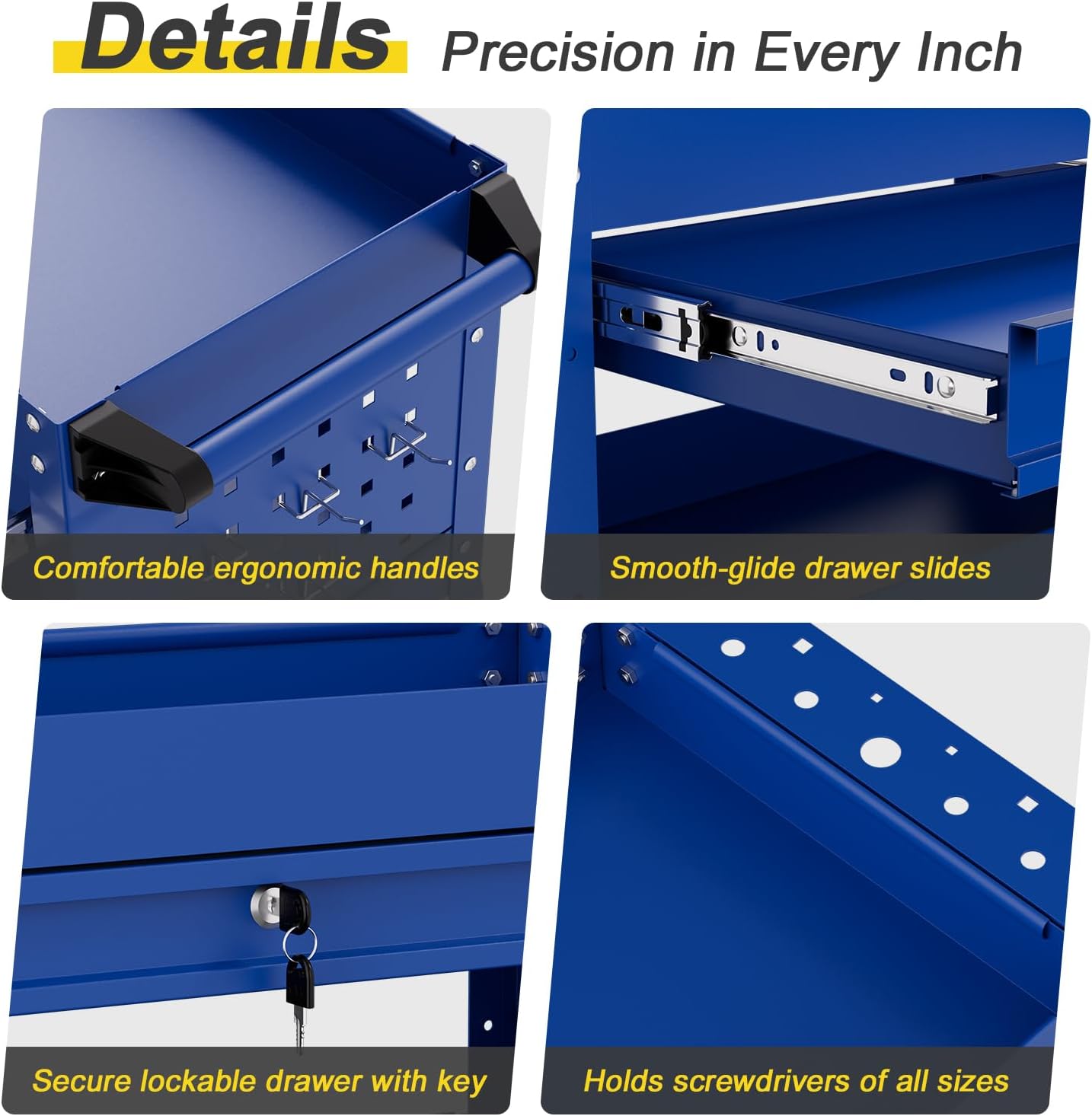 3-Tier Rolling Tool Cart with Drawers, Heavy Duty Utility Storage Cart with pegboard, Lockable Metal Tool Chest on Wheels for Garage, Warehouse & Repair Shop