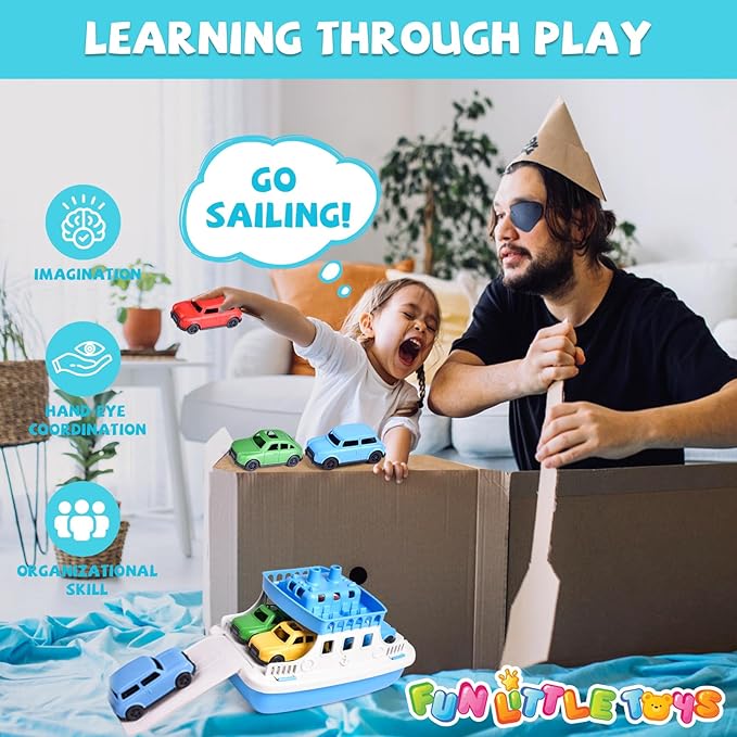 Toy Boat Bath Toys for Toddlers with 4 Mini Car Toys, Kids Water Toys Ferry Boat for Bathtub Bathroom Pool Beach Toys, Birthday Gifts