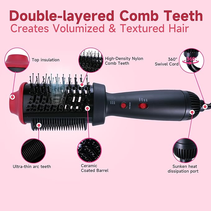 Heated Comb & 4-in-1 Blow Dryer Brush Hair Straightener Brush - Dual Mode Hot Air Styler for Drying, Straightening, Curling & Volumizing All Hair Types, Ceramic Ionic Technology