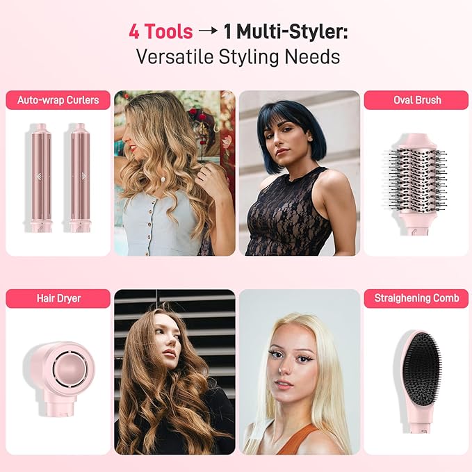 Dual Voltage Hot Air Styler Wrap - 5 in 1 Hair Dryer Brush with Fast Drying Blow Dryer, Styling, Straightening & Volumizing with Travel Bag (100V–240V)