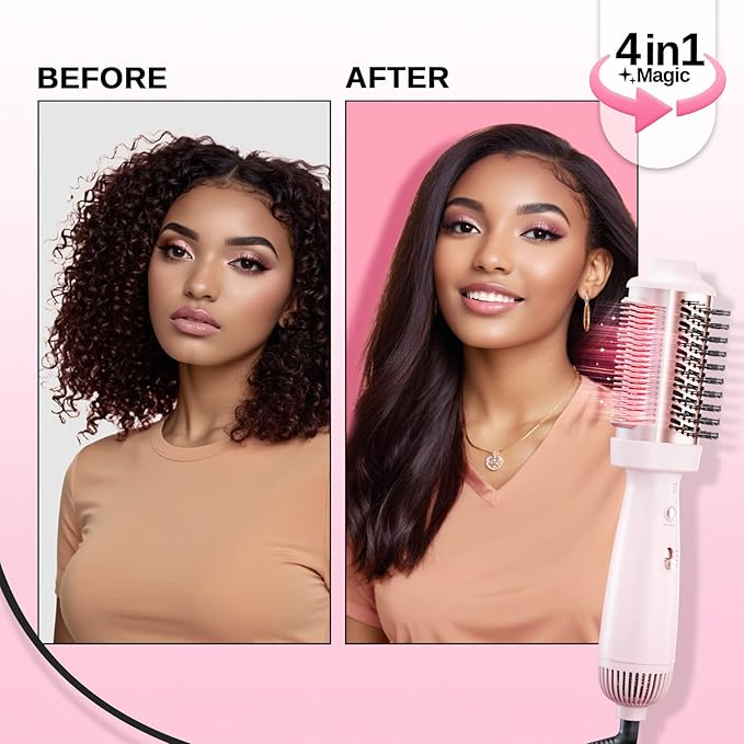 4-in-1 Blow Dryer Brush & Hair Straightener - NOVUS Ionic Hot Air Styler with Titanium Barrel, Volumizer for Frizz-Free Smoothing, Blowout Tool for All Hair Types (Pink)