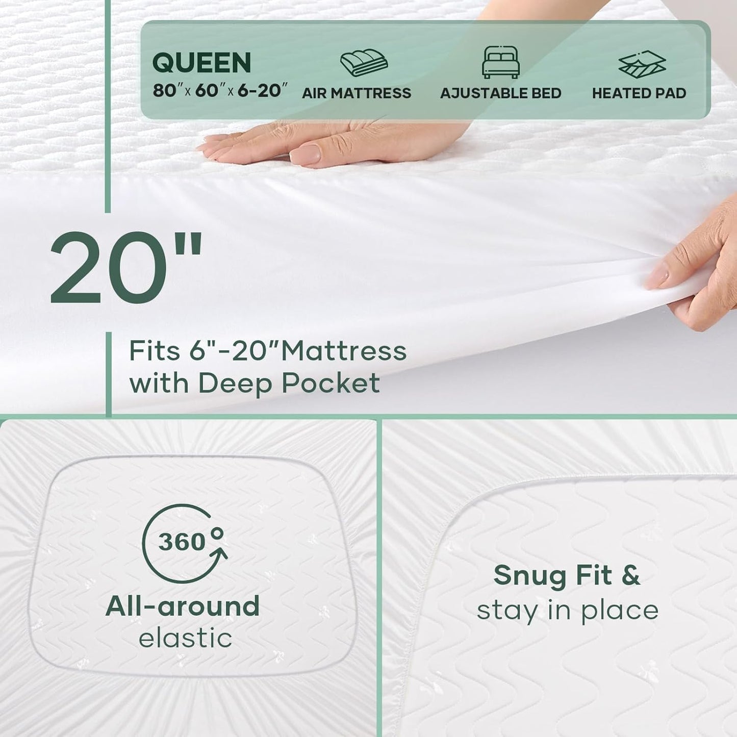 OhGeni 100% Waterproof Mattress Protector, Queen Size Mattress Pad, Fits 6"-20" Mattresses with Deep Pocket, Cooling, Breathable Fitted Sheets, Soft Bed Cover, Noiseless, Machine Washable