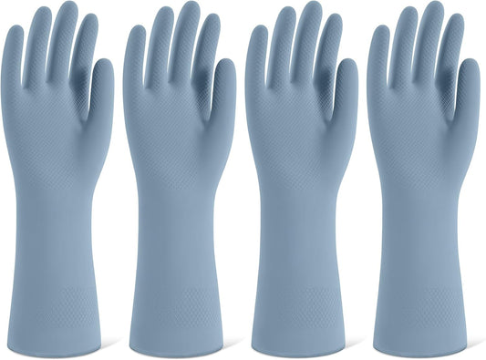 Rubber Cleaning Gloves for Dishwashing, 4 Pairs Reusable Kitchen Gloves for Washing Dishes and Household Cleaning, Blue Dish Gloves with Flocked Lining and Non-Slip Grip, Pefect for Woman Men - L