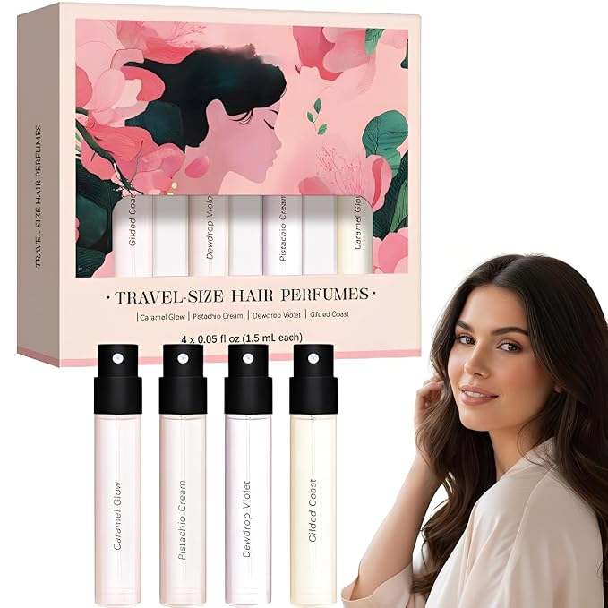 Travel Size Hair Perfume Spray Set for Women, 4 x 0.05 Fl Oz Long Lasting Fresh Scent, Mini Deodorizing Hair Mist, Portable Fragrance Gift Set