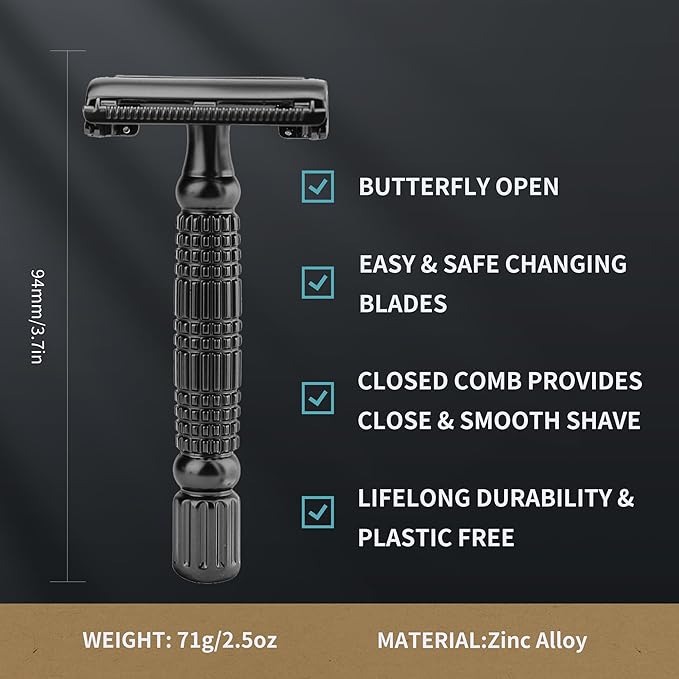 Gearhub Butterfly Double Edge Safety Razor Reusable Stainless Metal Wet Shaving Razor with 10 Swedish Platinum Blades for Men Women Barber Bikini Armpit Hair, Matte Gunmetal Black GR179