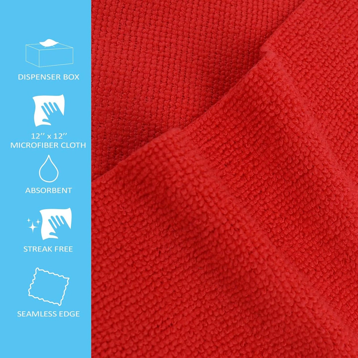 Tricol Clean Profesional Resuable Lint Free Microfiber Edgeless Cleaning Cloth 50PK Cleaning Rags,Absorbent Microfiber Wipes in Dispenser Box for Housekeeping, Car Cleaning (12 * 12 Inches) (red1)