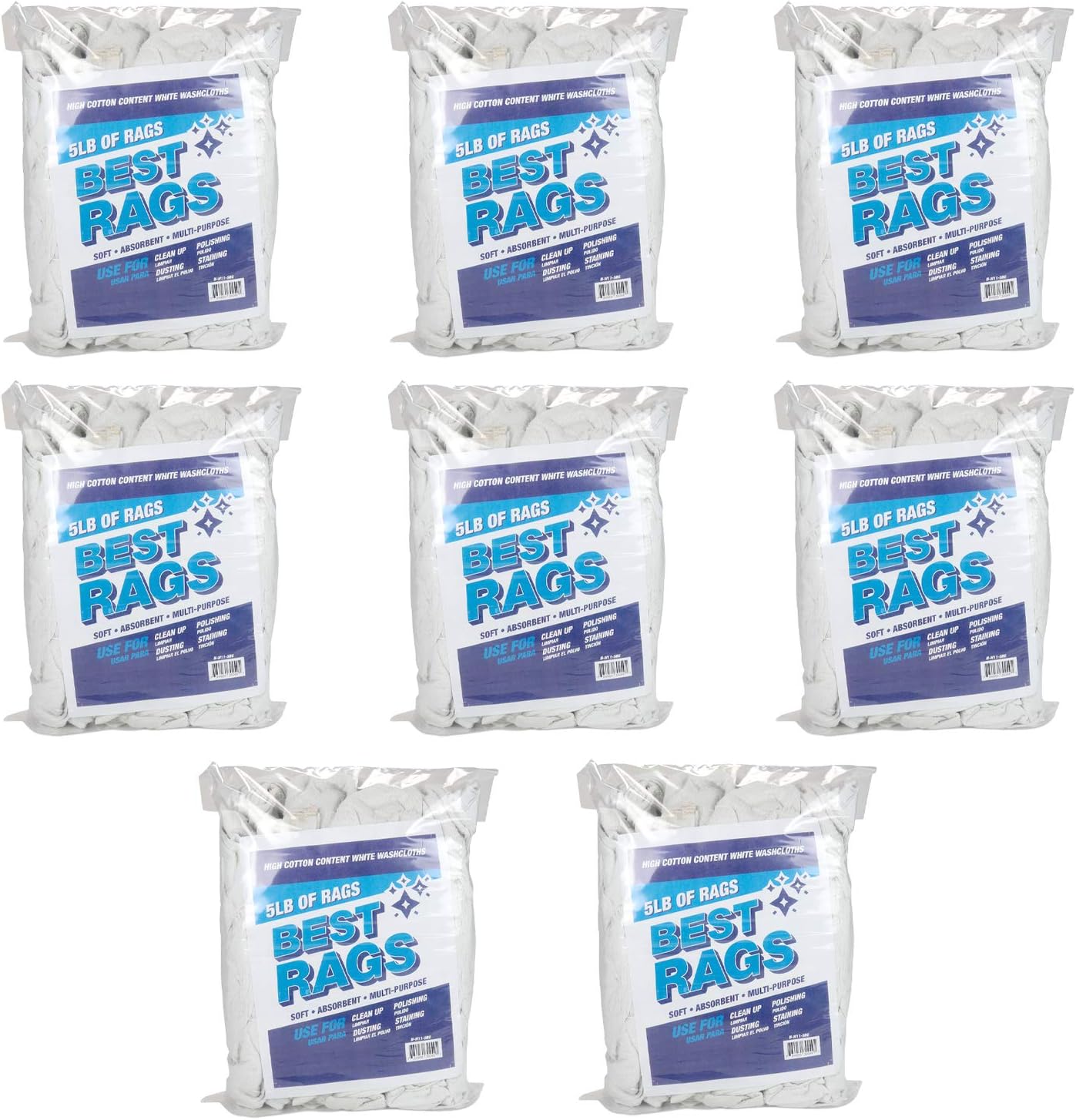 Arkwright W11 Terry Cloth Towels for Cleaning - Pack of 8 - Soft Cotton Blend Washable Multi-Purpose Bar Mop, Absorbent & Quick Dry, Bulk Bag of Rags for Kitchen, Auto Shop, and Garage, 5 lb, White