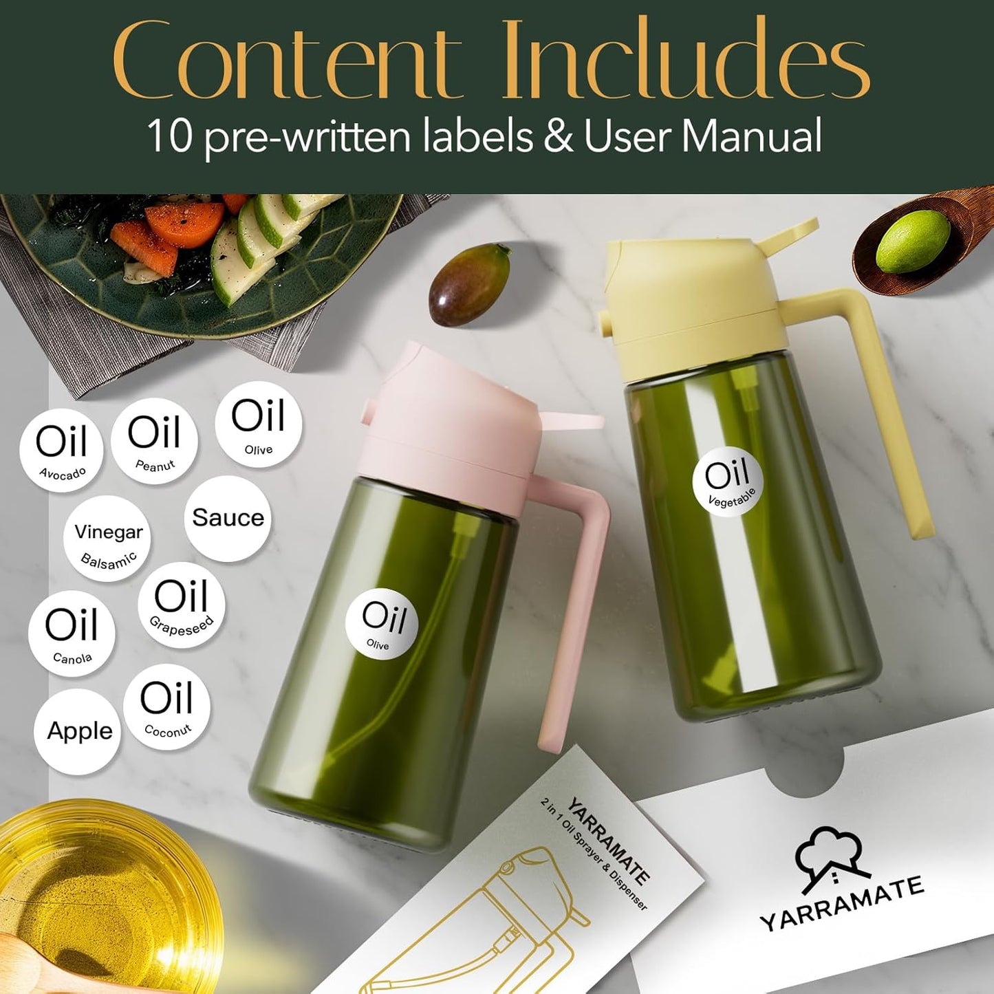 YARRAMATE 16oz/470ml Light-Blocking Dark Oil Sprayer for Cooking, 2 in 1 Olive Oil Dispenser Bottle for Kitchen, Dark Green Glass Oil Bottle, Food-Grade Oil Mister for Air Fryer, BBQ (PeachPink)