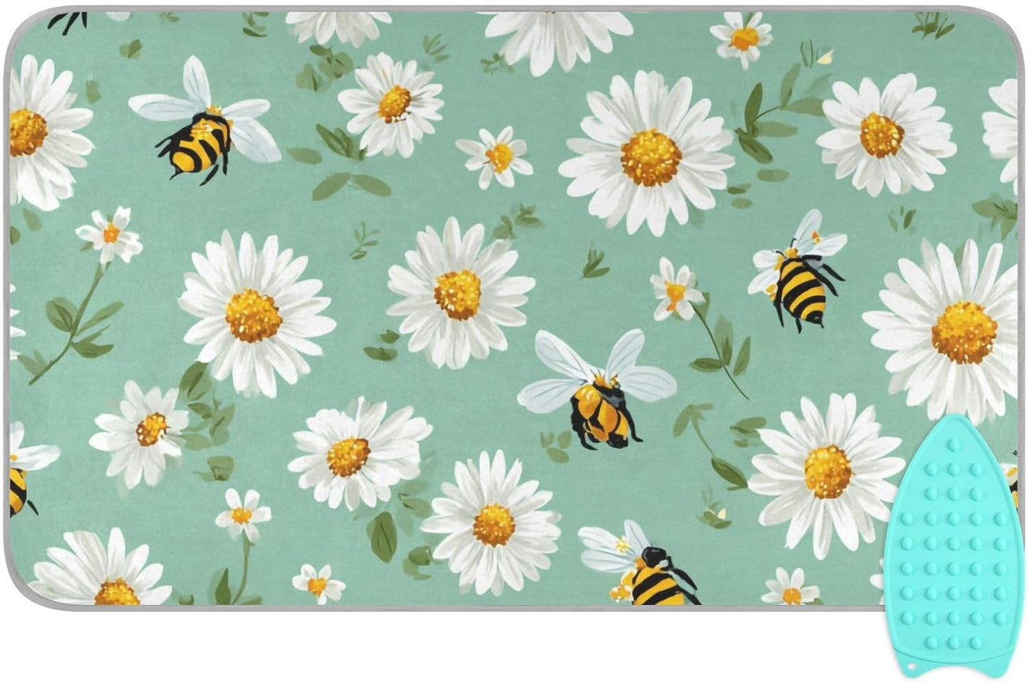 Ironing Mat Portable Ironing Pad Ironing Blanket for Table Top Heat Resistance Double-Side Using Travel Large 47.2 x 27.6 Inch Foldable Lightweight Mint Green Daisy Flowers and Bees