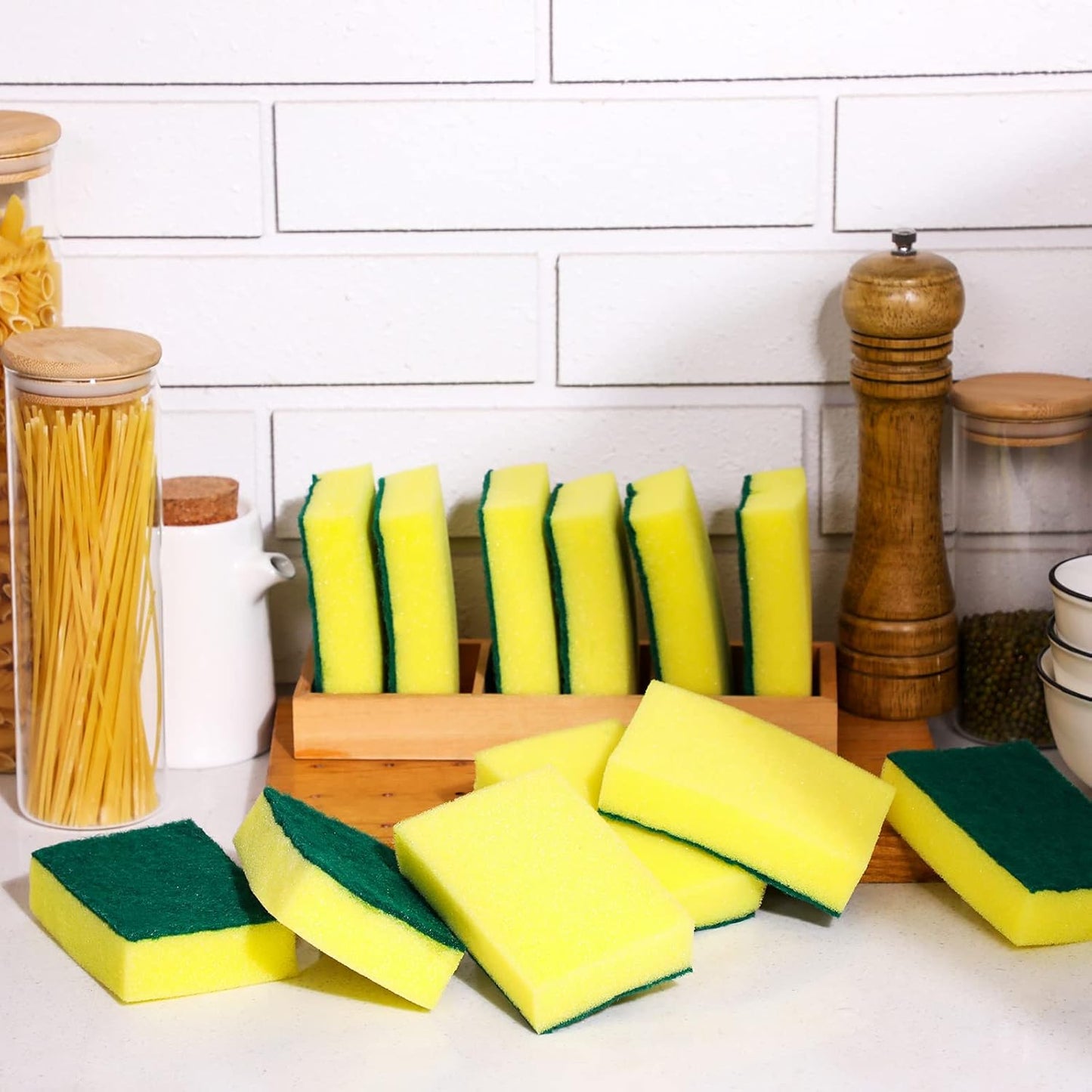 Tanlade 120 Pcs Individually Wrapped Sponge Dishwashing Sponge Bulk Non Scratch Scrub Sponges Kitchen Scouring Pad for Household Cleaning Rental Dishes Hotel Apartment Car (Yellow,Green)