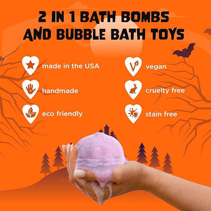 Halloween Bath Bombs for Kids with Surprise Halloween Toys Inside - Large Pumpkin Bath Bombs for Kids, Boys & Girls – Spooky Boo Basket Stuffers for Kids - Made in USA Bubble Bomb by Two Sisters
