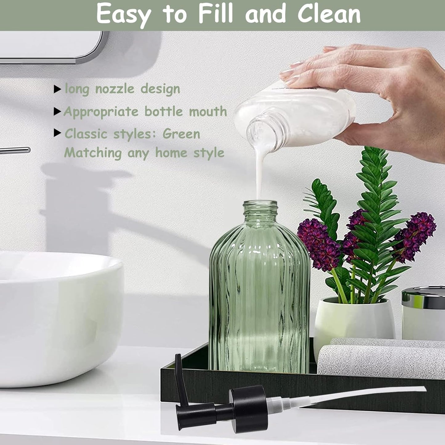 Green Glass Soap Dispenser with Black Plastic Pump, 13.5oz Refillable Liquid Hand Soap Dispenser, Lotion Dish Soap Dispenser for Modern Home Decor, Bathroom, Kitchen Countertop, Hotel