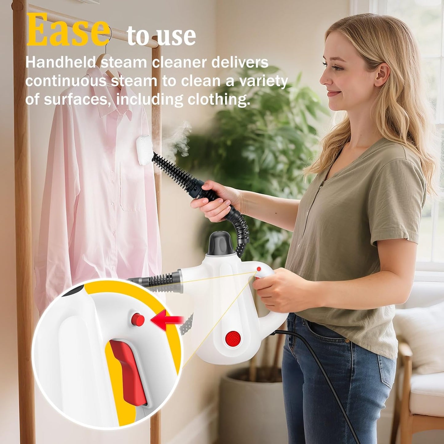 Pressurized Handheld Steam Cleaner with Steam Lock Button & 16 PCS Accessories, Portable Natural Steamer for Deep Cleaning Grout, Tile, Windows, Bathrooms, Kitchens, Car, Fabric for Home Use