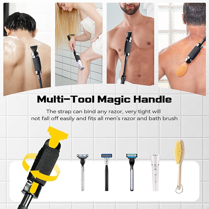 XUNE Safety Razor Extension Handle with Adjustable Length for Leg Razor,Back Shaver for Men,Multi-Function Extension Shaver Handle can be Fitted Lotion Applicator,Hair Brush for Wet or Dry