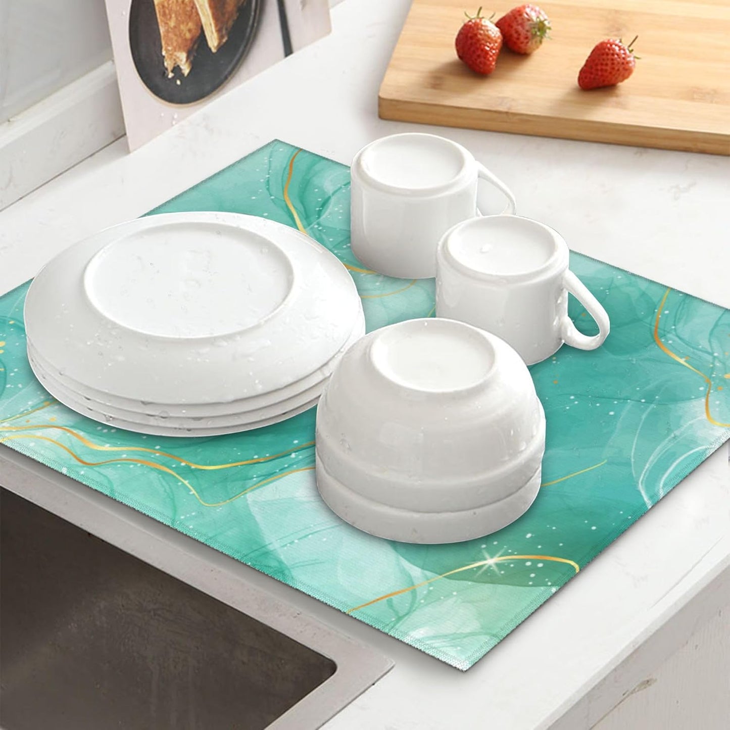 Teal Gold Marble Dish Drying Mat for Kitchen Counter Green Turquoise Dish Drainer Rack Mats 16x18 Inch Absorbent Reversible Modern Drying Pad