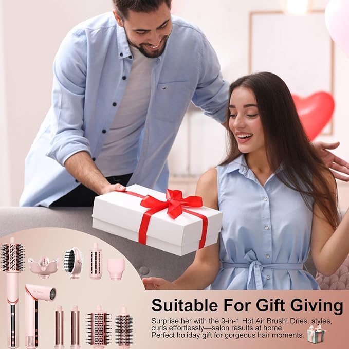 9-in-1 Negative Ionic Foldable Hot Air Blow Dryer Brush & Wrap Air Hair Styler Set, 110K RPM High Speed for Curling, Straightening, Fast Drying, Versatile Styling Tool, Holiday Gift for Women