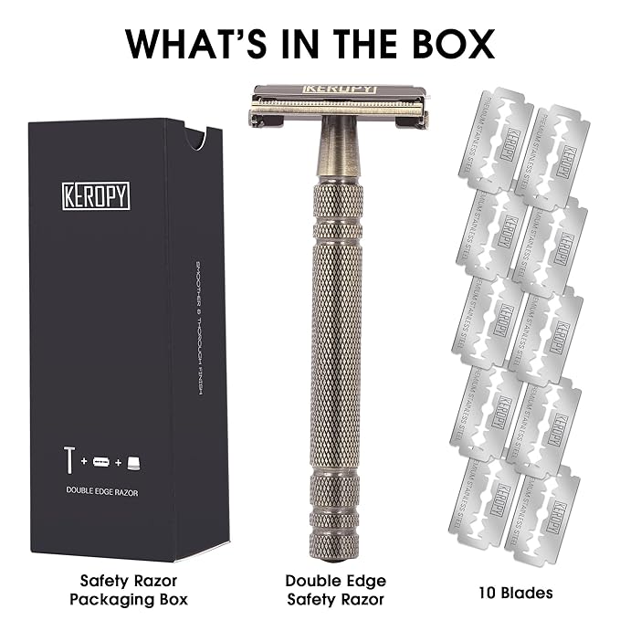 Premium Brass Double Edge Safety Razor - Anti-Rusted Mens Butterfly Razor with 10 Blades - Heavy Brass Construction, Beginner Friendly Wet Shaving Single Blade Razor Kit - Bronze