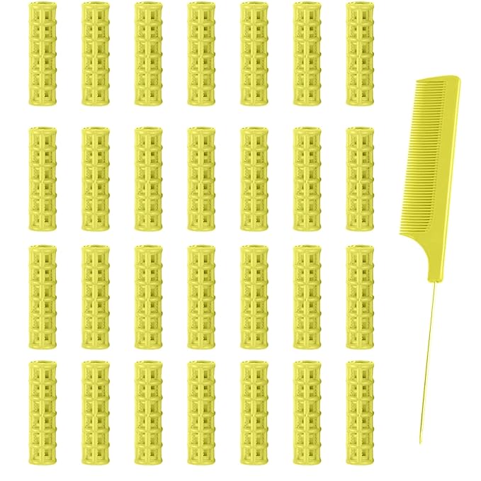 28PCS Self Grip Small Hair Rollers Set, 0.6in Plastic No Heat Roller Hair Curlers with Comb Heatless Clips for Short Fine Thin Hair(Yellow)