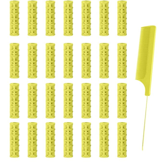 28PCS Self Grip Small Hair Rollers Set, 0.6in Plastic No Heat Roller Hair Curlers with Comb Heatless Clips for Short Fine Thin Hair(Yellow)