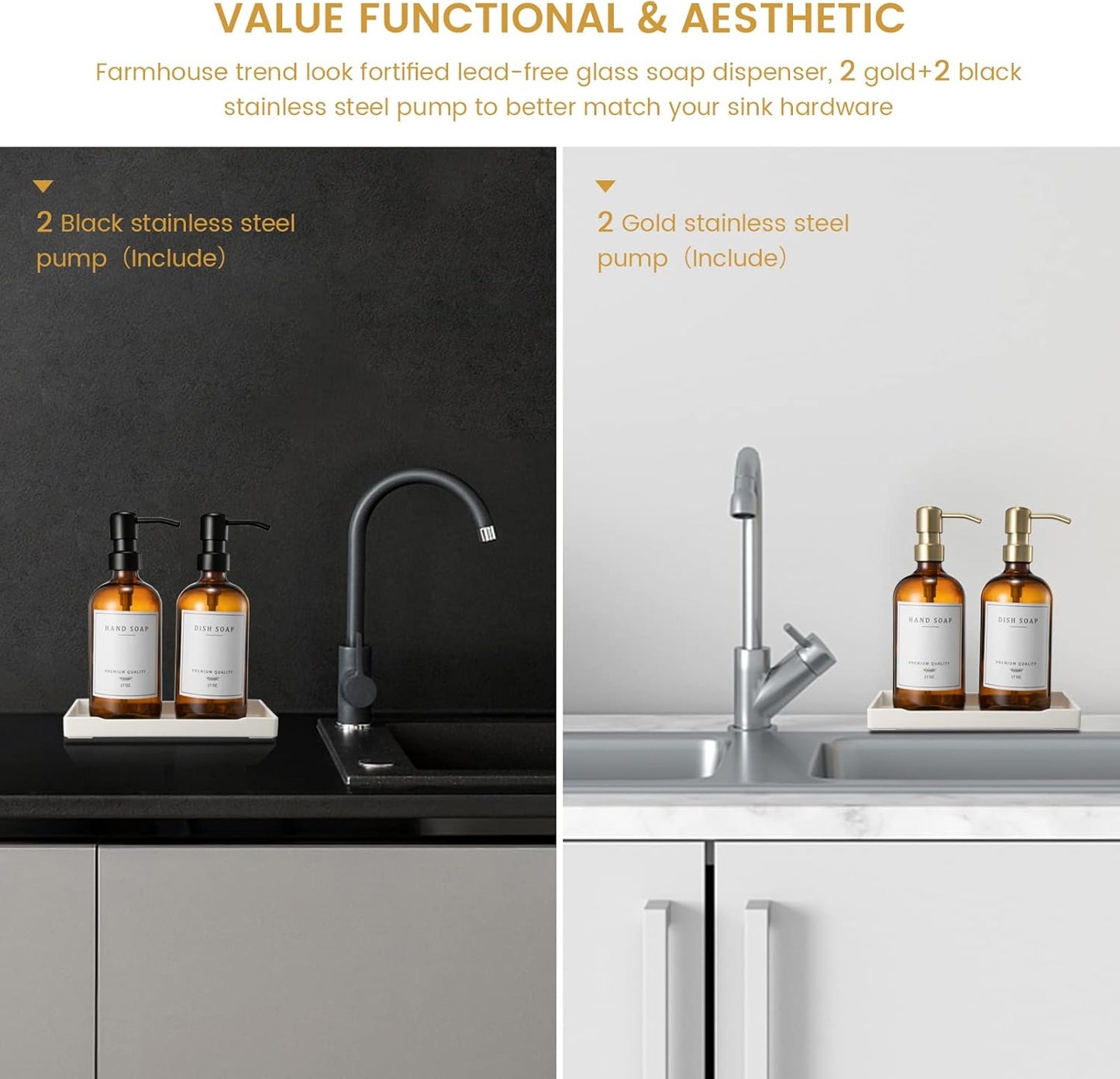 Glass Soap Dispenser for Kitchen Sink,Farmhouse Kitchen Dish Soap Dispenser&Hand Soap Dispenser Set,Rustproof Pump Bathroom Soap Dispenser with Tray,Waterproof Label for Kitchen Decor(Amber