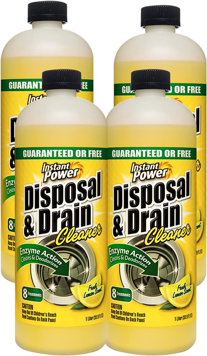Instant Power Disposal and Drain Cleaner – Liquid Enzyme Clog Remover, Cleans and Deodorizes, Removes Drain Blockages, Fresh Lemon Scent 33.8 Fl oz, 1 Liter 4 Pack