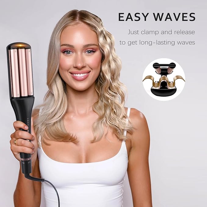Hair Crimper for Women Beach Waves, Deep Waver Hair Tool for Long Hair, 3 Ceramic Barrel Curling Iron, Adjustable Depths and Temperatures, Dual Voltage