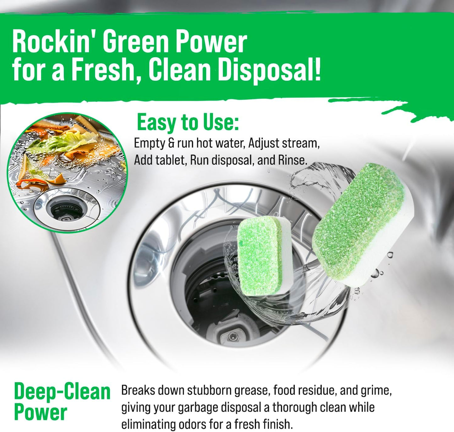 Rockin' Green Deep Cleaning and Deodorizing Tablets for Dishwashers, Washing Machines, and Garbage Disposals, Removes Odor and Residue (Garbage Disposal Cleaning Tablets, 24 Pack)