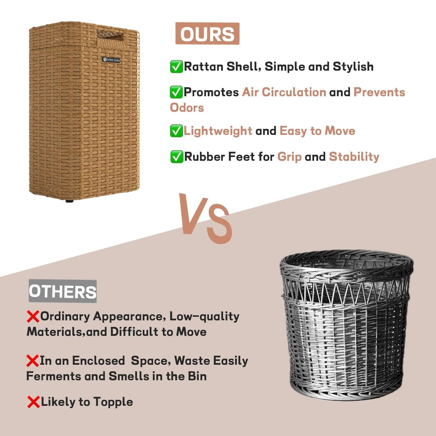 Ypati Handwoven 4 Gallon Rattan Trash Can with Lid, Boho Style Decorative Indoor and Outdoor Trash Bin with Shelf, Waste Basket for Bathroom, Patio, Study, with Trash Bags, Bohemian Yellow, Eureka