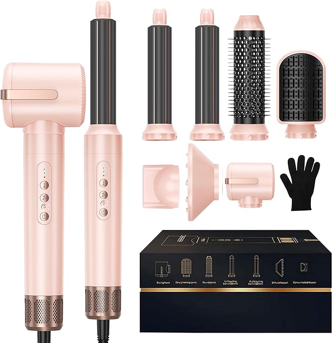 7 in ONE Hair Dryer Brush, Powerful Blow Dryer Brush with Auto- Wrap Curler, Detachable Fast Drying, Volumizing, Curling, Straightening, Ionic Hair Dryer with Diffuser, Hair Styling Tools 100-120V