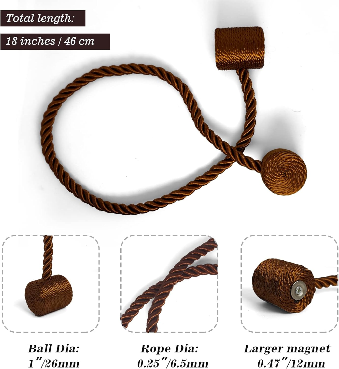 Hion Magnetic Curtain Tiebacks Dark Brown 2pcs, Curtain Tiebacks Buckles Holdbacks Holders Hooks Clip for Home Bedroom Office Decorative Curtain