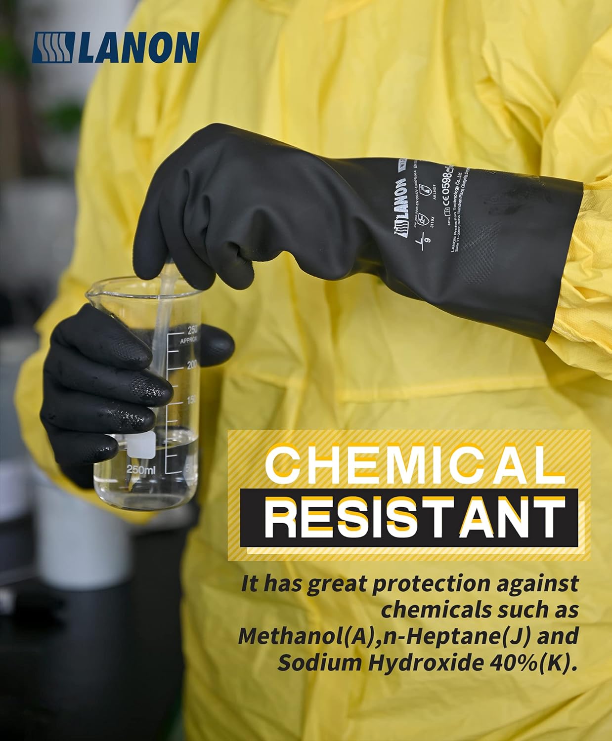 LANON Rubber Chemical Resistant Gloves, Reusable Heavy-duty Safety Work Gloves, Acid & Alkali Protection, Non-Slip, XX Large