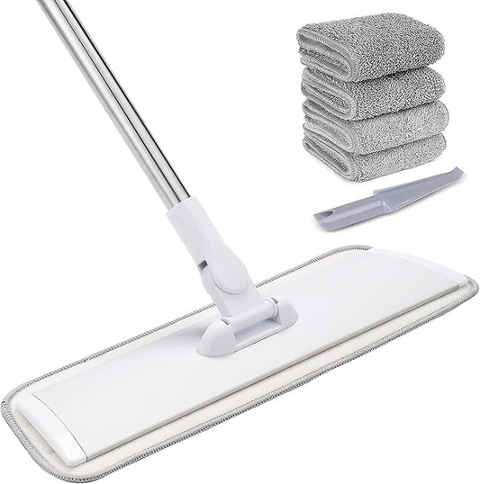 18" Professional Microfiber Mop Floor Cleaning System, Flat Mops with Stainless Steel Handle, 4 Reusable Washable Mop Pads, Wet and Dust Mopping for Hardwood, Vinyl, Laminate, Tile Cleaning (White)