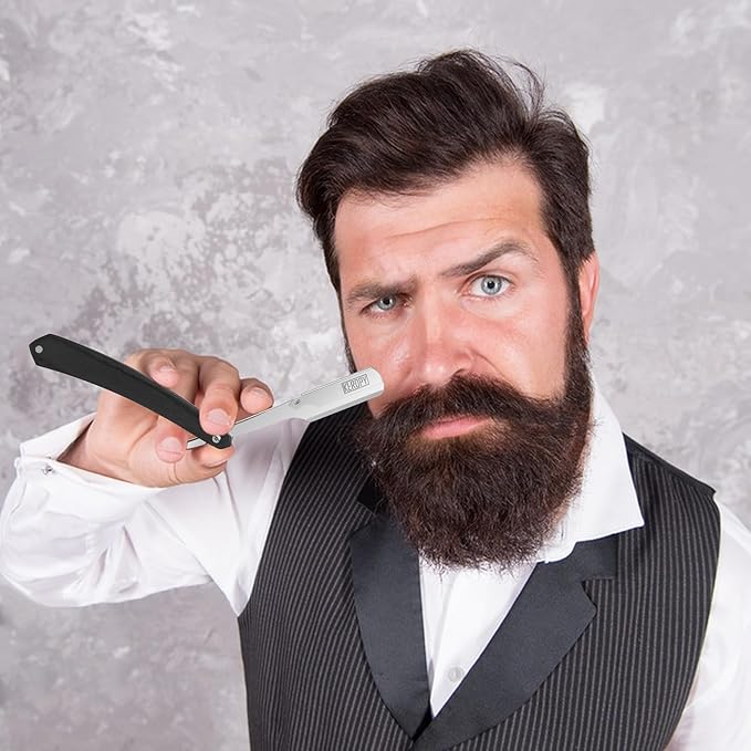 Straight Razors For Men - Black Wooden Handle - Professional Barber Grade with 10 Straight Edge Blades - Stainless Steel shavette - straight razor kit & beard trimmer - For Men Gift & Groom