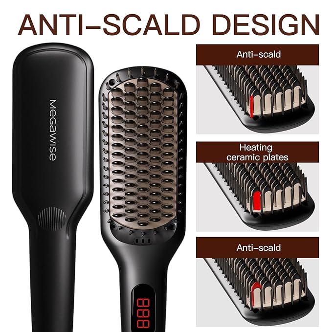 MEGAWISE Pro Ceramic Ionic Hair Straightener Brush for Home Salon, Straightening Hair Brush with 20s Heating Tech, Auto-Off, Anti-Scald with Universal Dual Voltage,Rotatable Power Cord, Black
