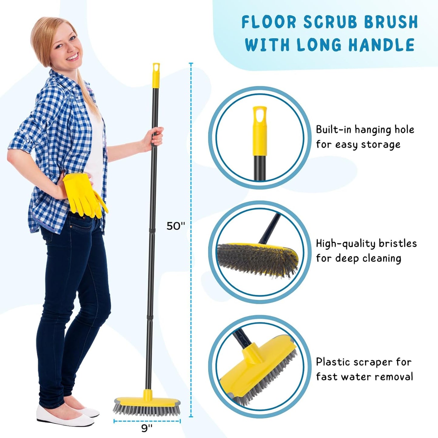 Deck Brush with Long Handle, Floor Scrub Broom for Shower, 50'' Outdoor Scrubber for Carpet, Boat, Patio, Garage, Concrete Cleaning