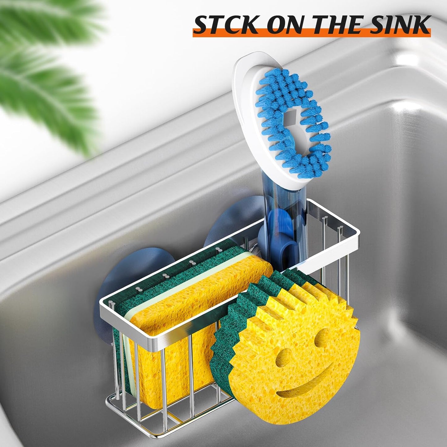 Sponge Holder Smiley Face,Sink Caddy for Kitchen Sink,Sponge Holder with 2 PCS Suction Cups/1 PCS Adhesive Strips,Designed for Sponge,Soap,Dish Brush,Scrubber-Silver
