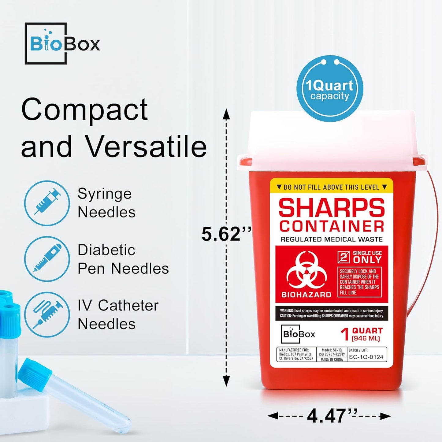 Sharps Container Large - Sharps Containers for Home Use and Labs - Portable Needle Disposal and Travel Size Biohazard Bin - 1 Quart (Pack of 5)