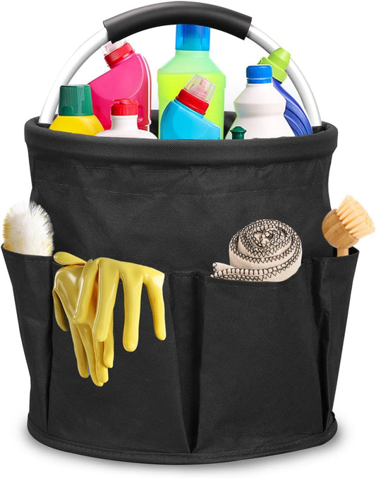 Qivine 17L Cleaning Caddy with Handle, Cleaning Supply Caddy Foldable Tool Bag Cleaning Products Organizers Portable Cleaning Bucket Organiser for Storing Towels (Black)