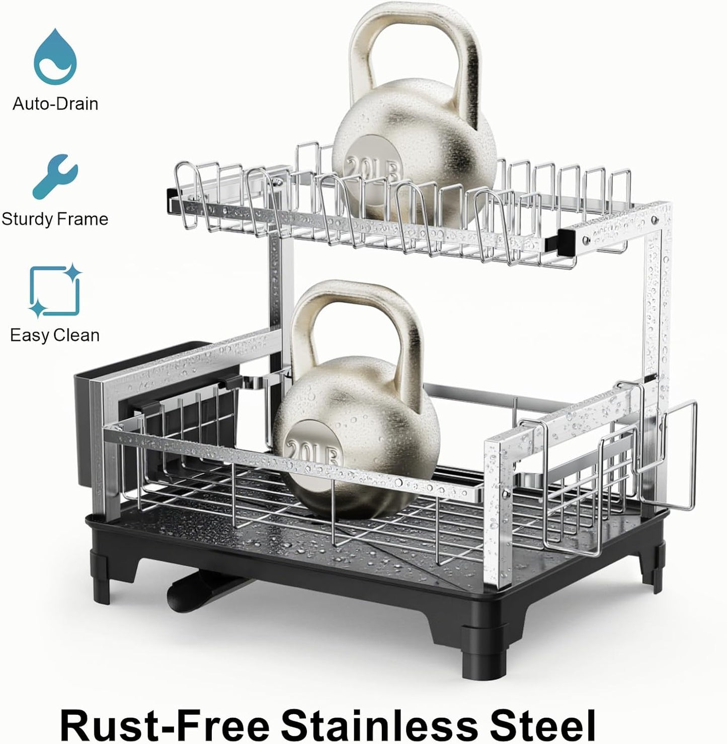 GSlife Dish Drying Rack for Kitchen Counter - Stainless Steel 2 Tier Dish Drainer with Cutting Board, Cup Holder and Utensil Holder, Auto Drain, 21" L x 12.6" W, Silver