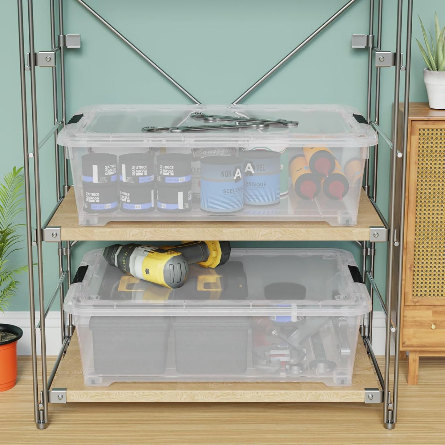 25 Quart Under Bed Clear Latch Bin with Wheel, Plastic Under Bed Storage Box, 4 Pack