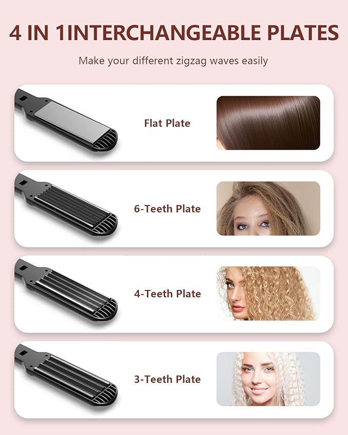 Hair Crimper Waver, Professional Hair Straightener Beach Waves Curling 4 Interchangeable Ceramic Plates, Hair Crimper Auto Temp Control Wide Plate Hairs Straightener & Styling Tool for All HairsTypes